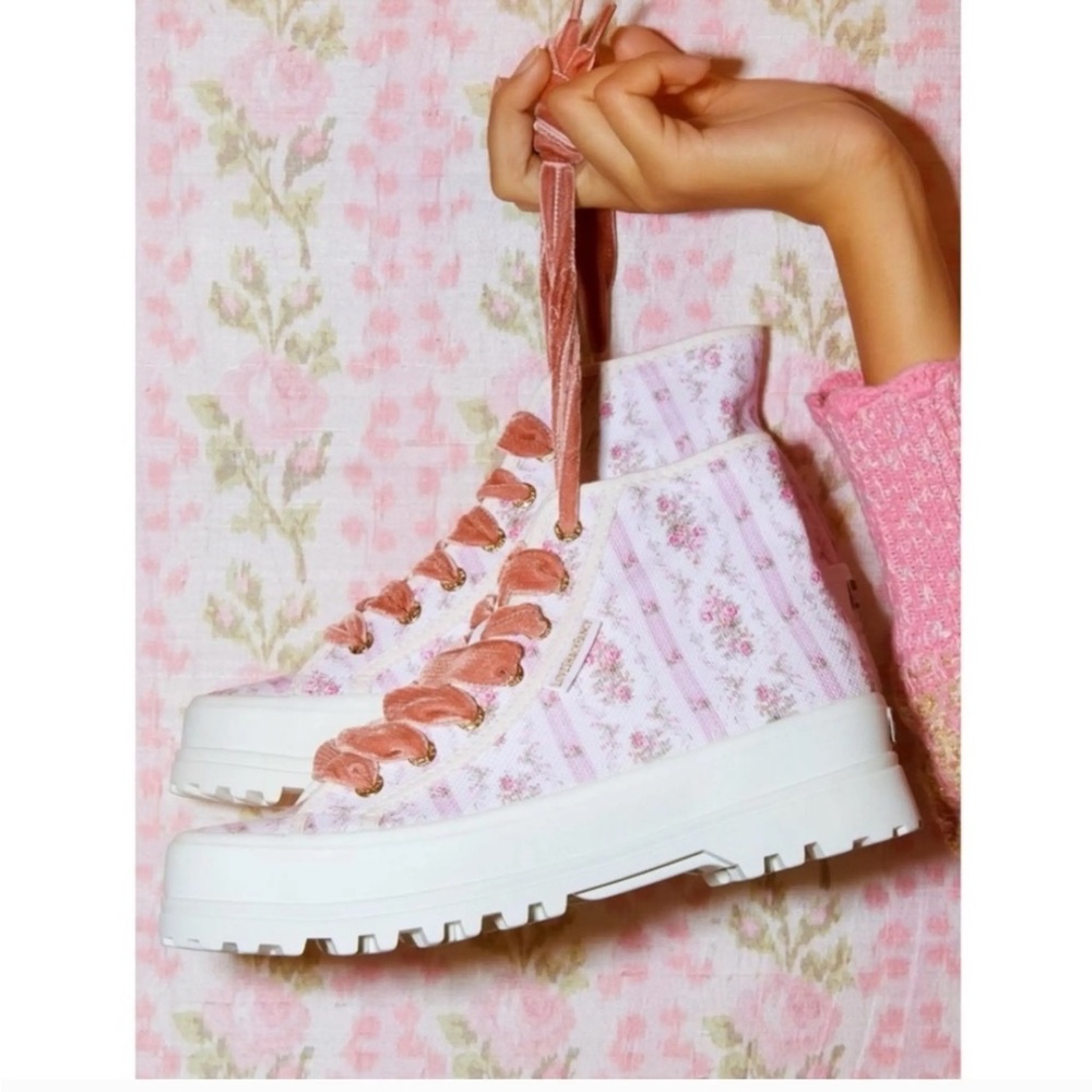 ⭐️Superga x LoveShackFancy floral high-top platform sneakers velvet ribbon laces